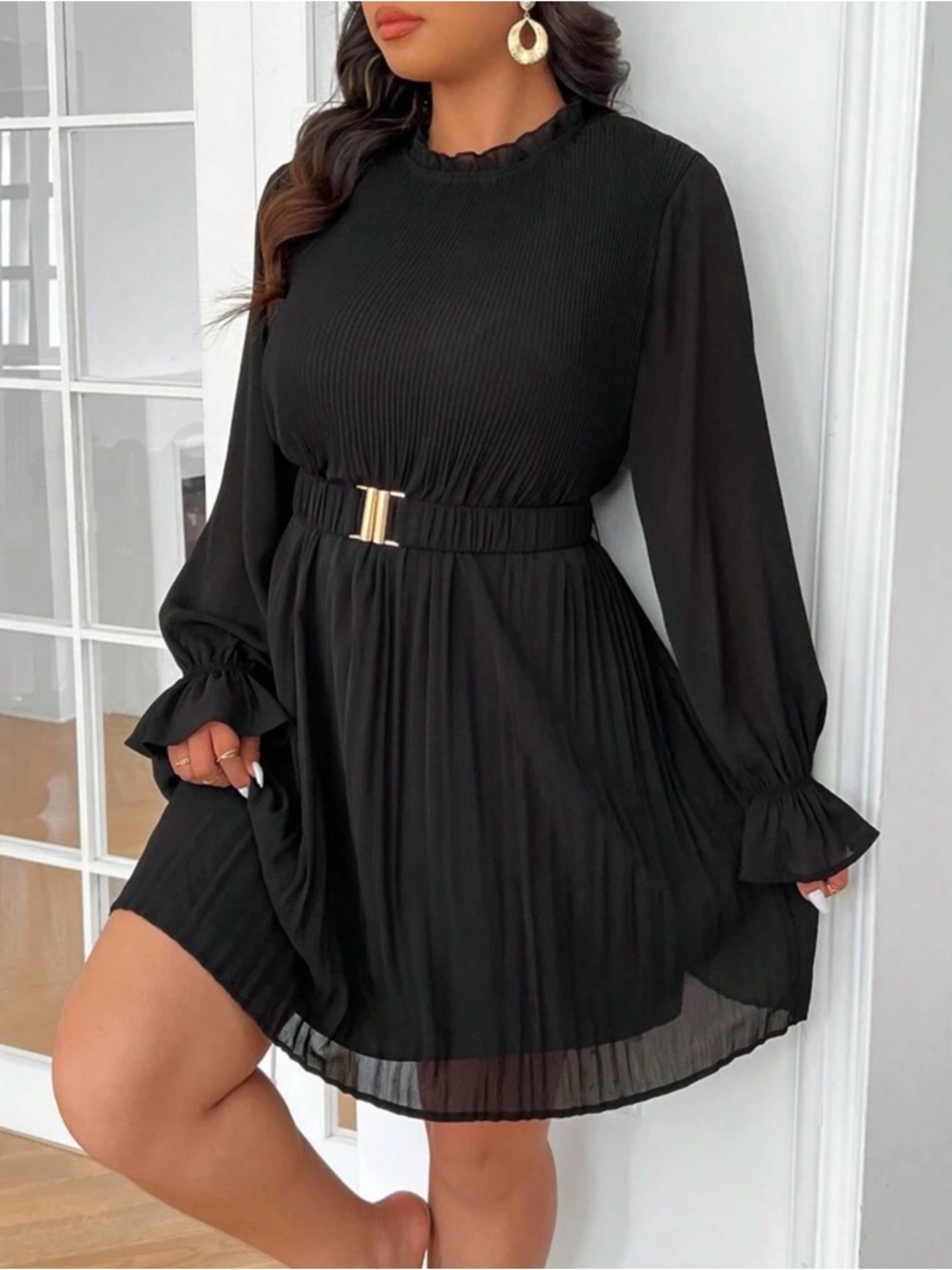 SHEIN Frenchy Black Pleated Long-Sleeve Mini Dress SZ Small NWT